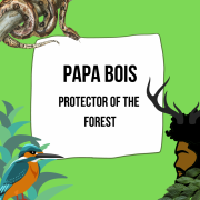 Papa Bois, a man with antlers, brown skin, and a leafy beard looks at a boa constrictor and a tropical bird