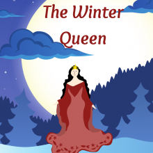 A magical queen dressed in red and white stands in a snowy night forest in front of a full moon.