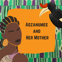 Woman with cornrow braids and large gold earrings holding a purple yam, black hornbill bird, purple and green south African print in the background