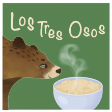 A bear smelling a steaming bowl of porridge against a light green background.