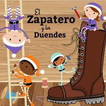 Four elves in colorful snow suits and hats hold tools and sit on a brown boot and white ladder