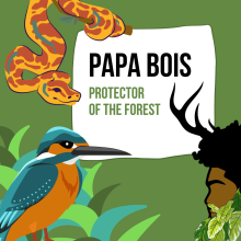 Papa Bois, a Black man with deer horns and a leafy beard, looks at a tropical bird and a boa constrictor