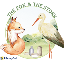 A red fox facing a stork bird with three jars between them